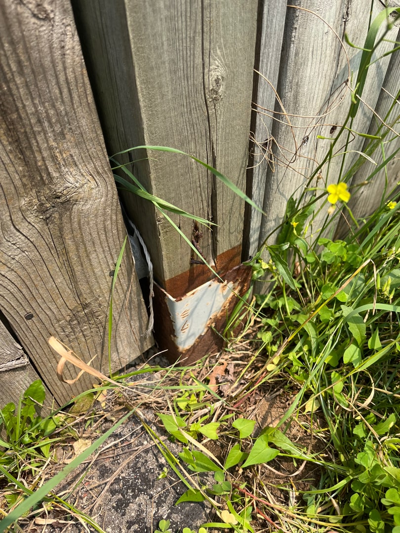 A white-painted spike socket rusted through along its top edge, bleeding rust onto the post it grips — Burlington, Ontario, August 2023.