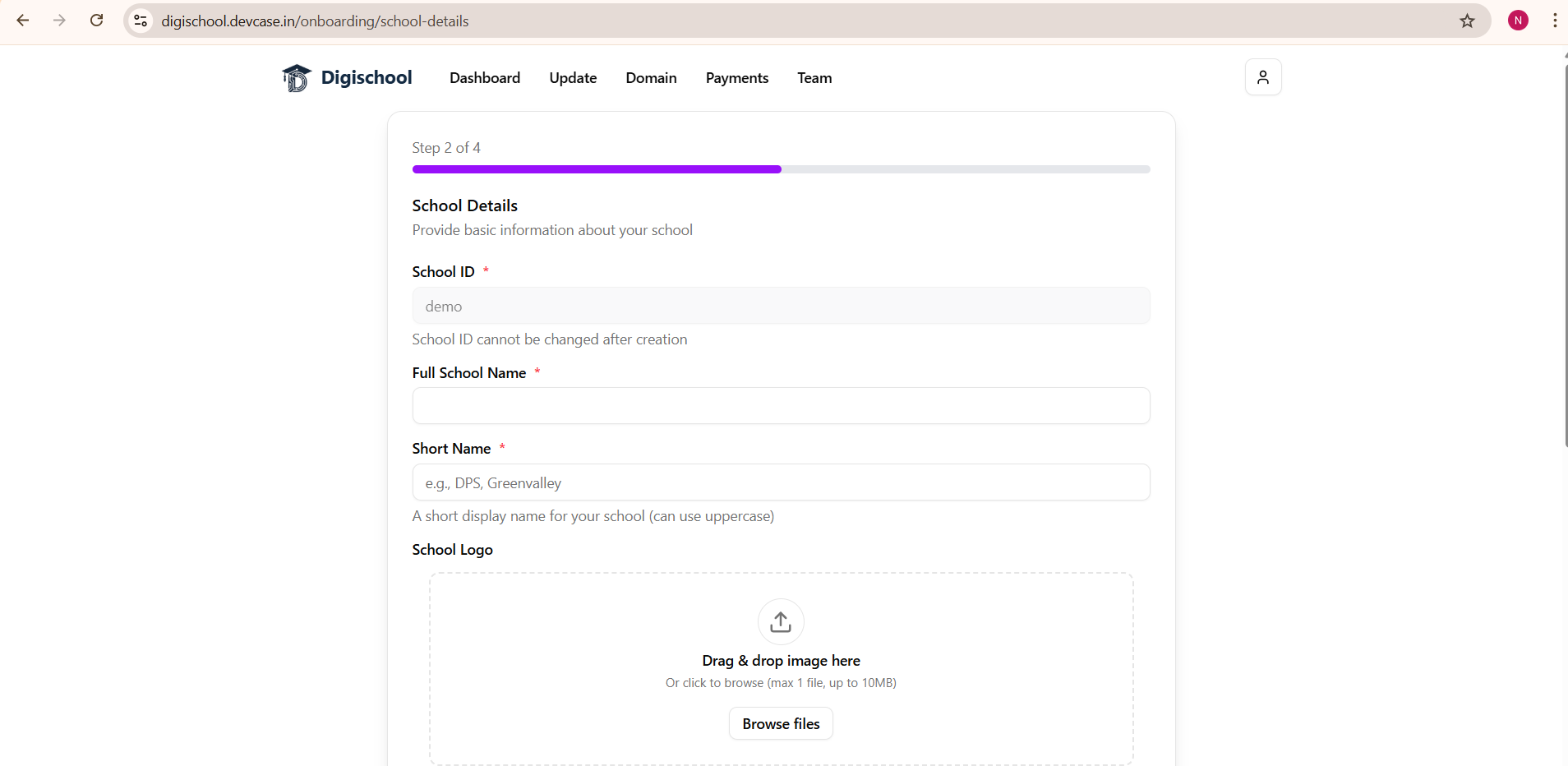 Step 2 of 4, School Details form