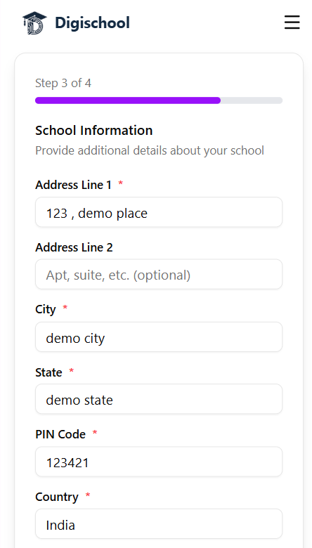Step 3 of 4, School address and location details