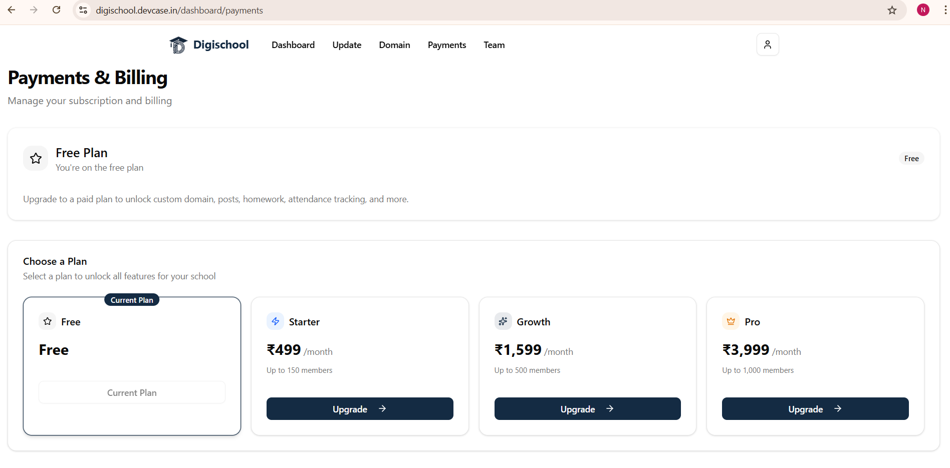 DigiSchool subscription plans, Free, Starter, Growth, Pro