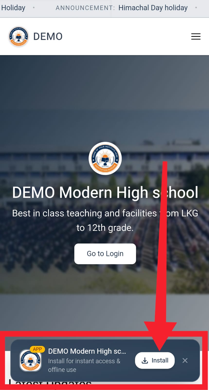 School website open on Android with the Install app banner visible