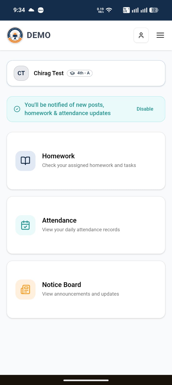 DigiSchool app dashboard on Android showing Homework, Attendance, and Notice Board sections