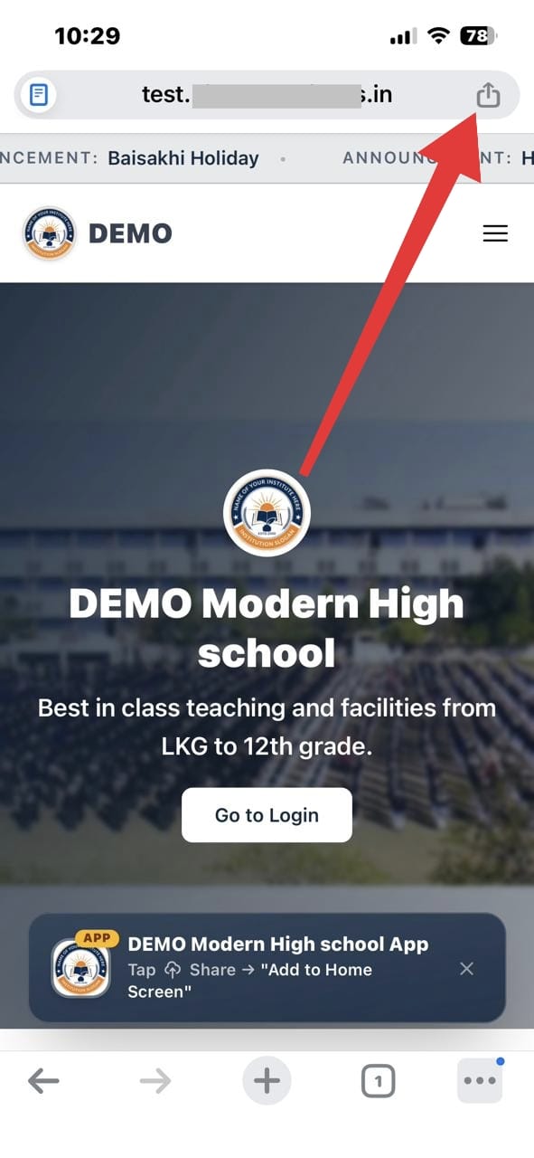 School website open on iPhone with the Share button highlighted