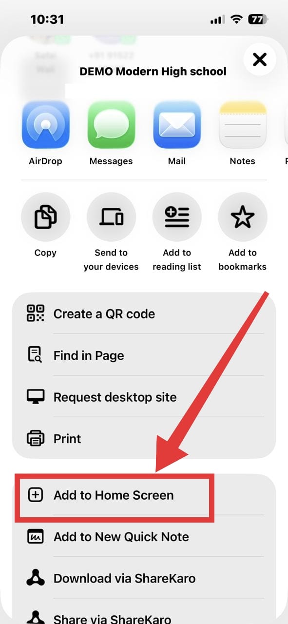 iOS Share Sheet open with Add to Home Screen option highlighted