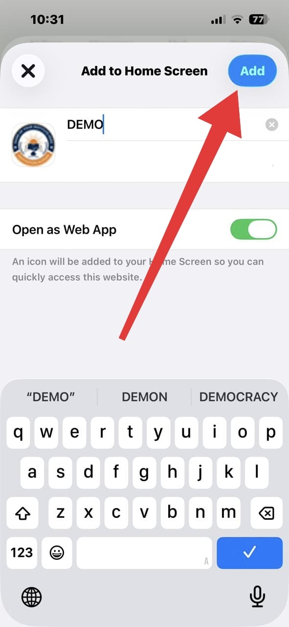 Add to Home Screen confirmation screen