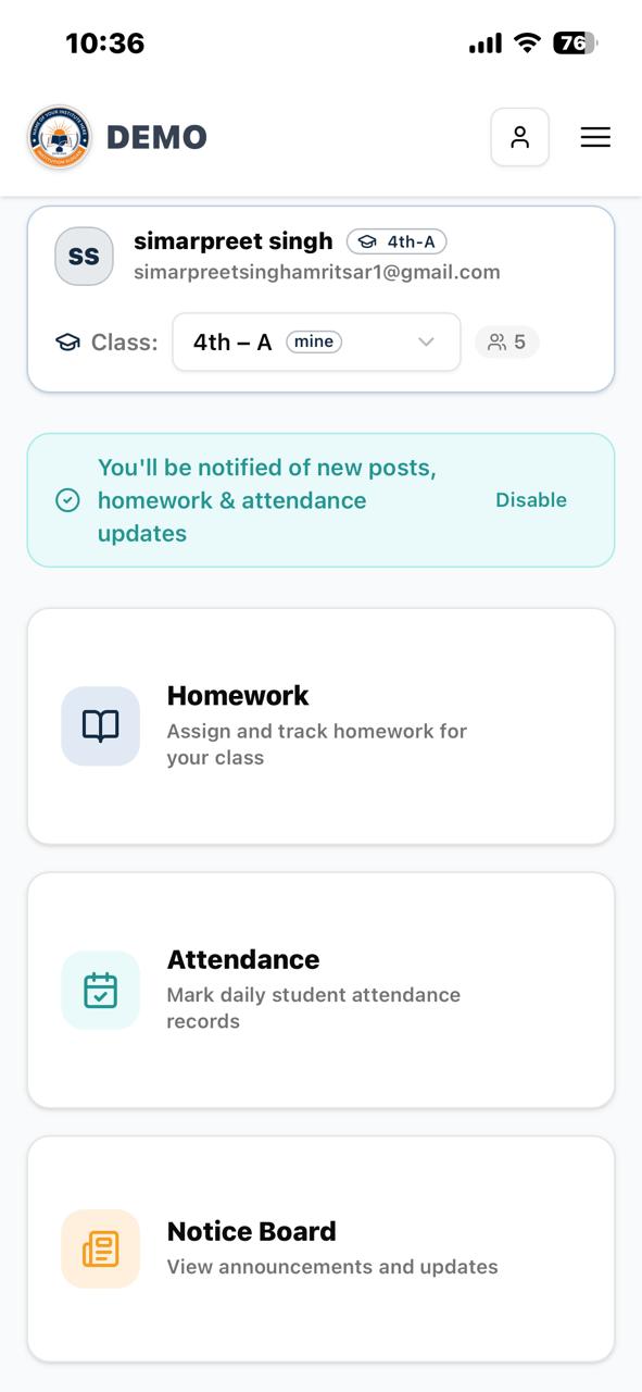 DigiSchool app dashboard showing Homework, Attendance, and Notice Board sections