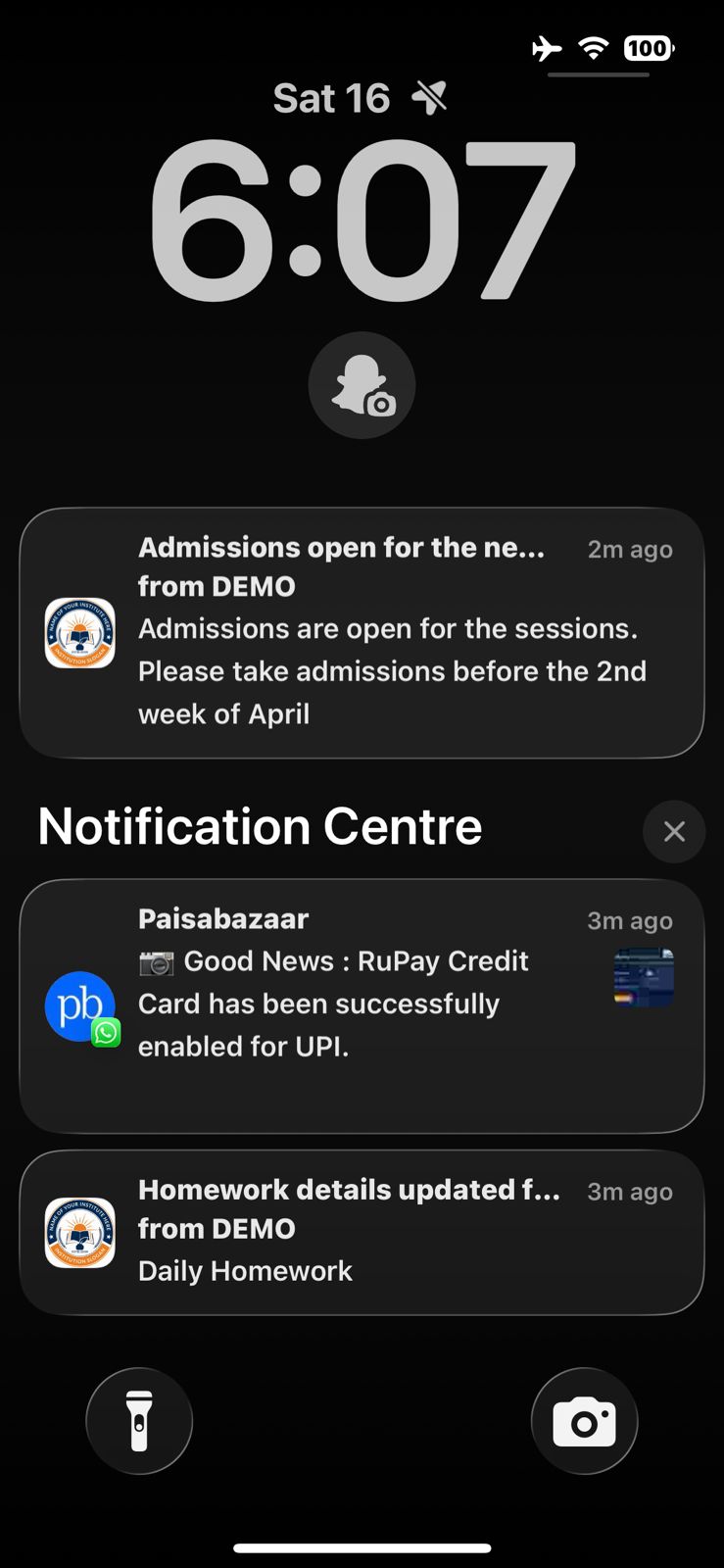 iPhone lock screen showing real-time school push notifications